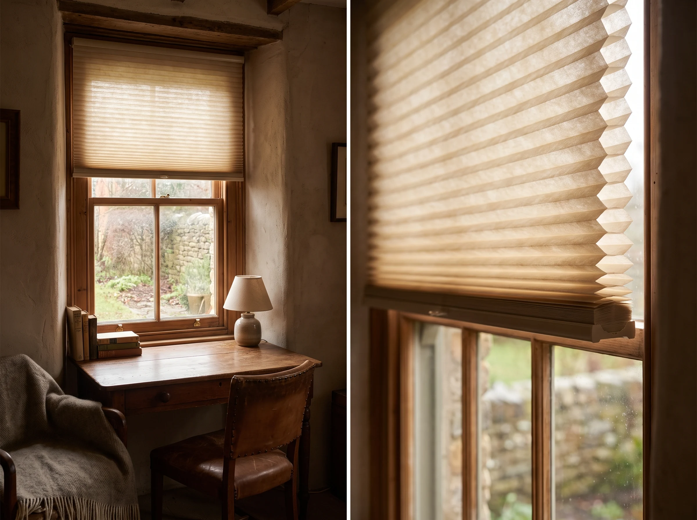 Cellular honeycomb blind partly lowered on a bedroom window in a St James single-brick cottage, insulating against the Cape winter chill