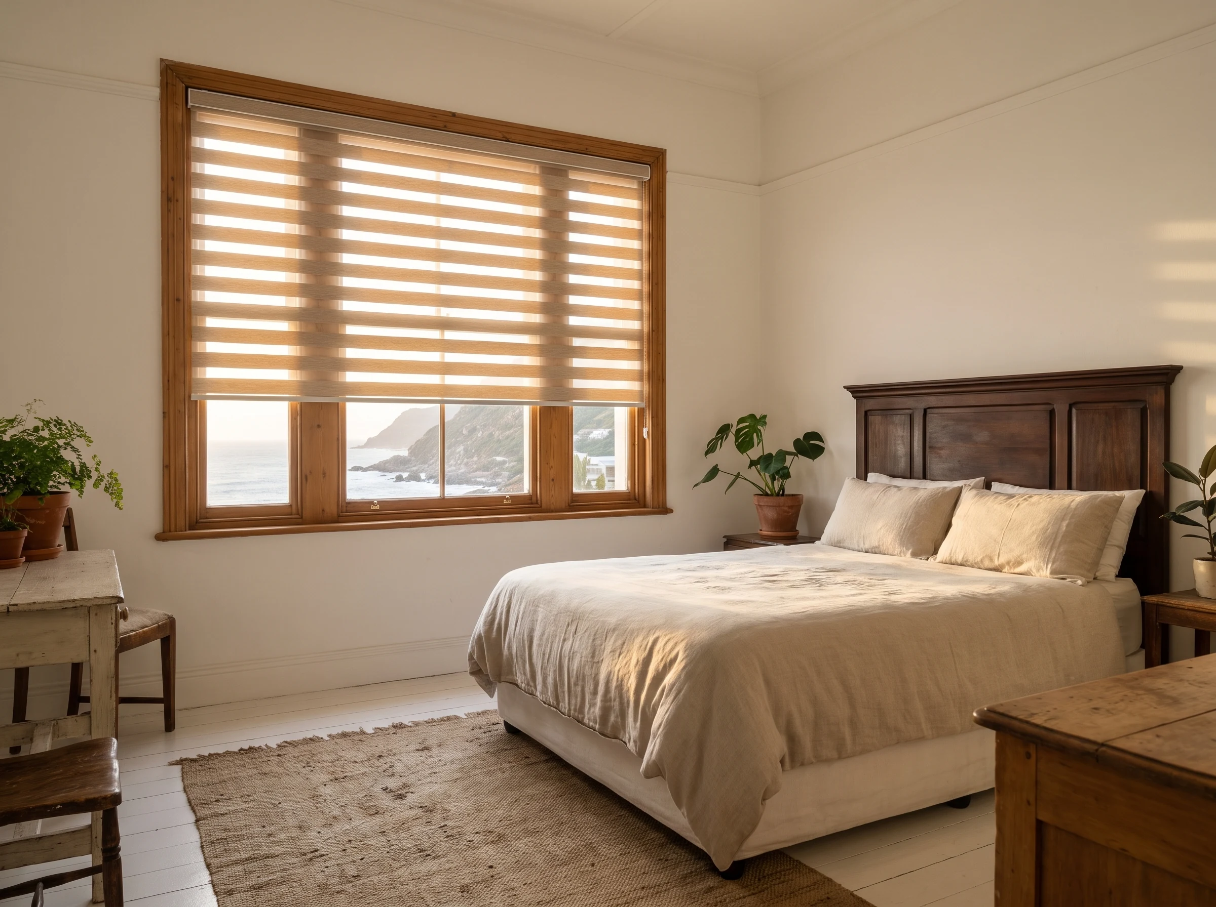 Day and night banded roller blind on a bedroom window in a St James cottage overlooking False Bay