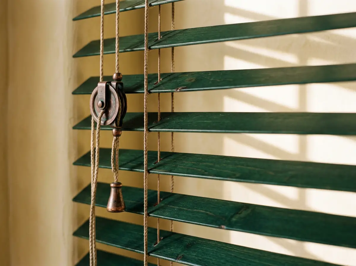 Close-up detail of a deep forest green wooden venetian blind with an antique copper pulley and cord mechanism in a St James cottage
