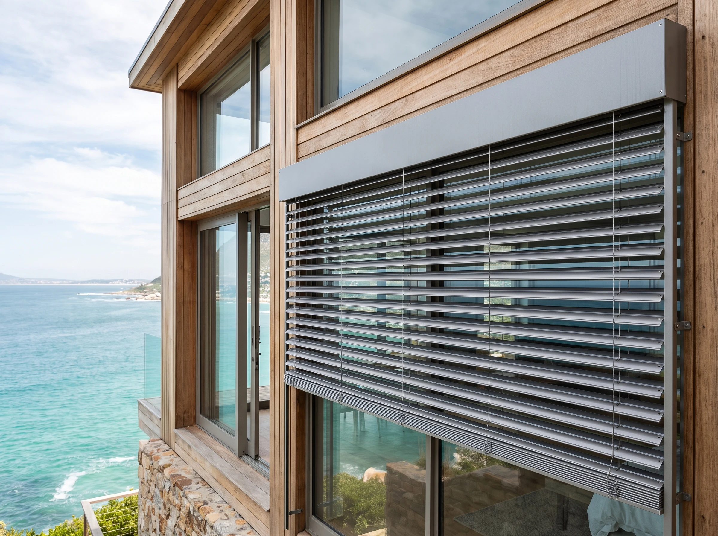 External aluminium venetian blind slats mounted outside a timber-clad window on a St James home facing False Bay