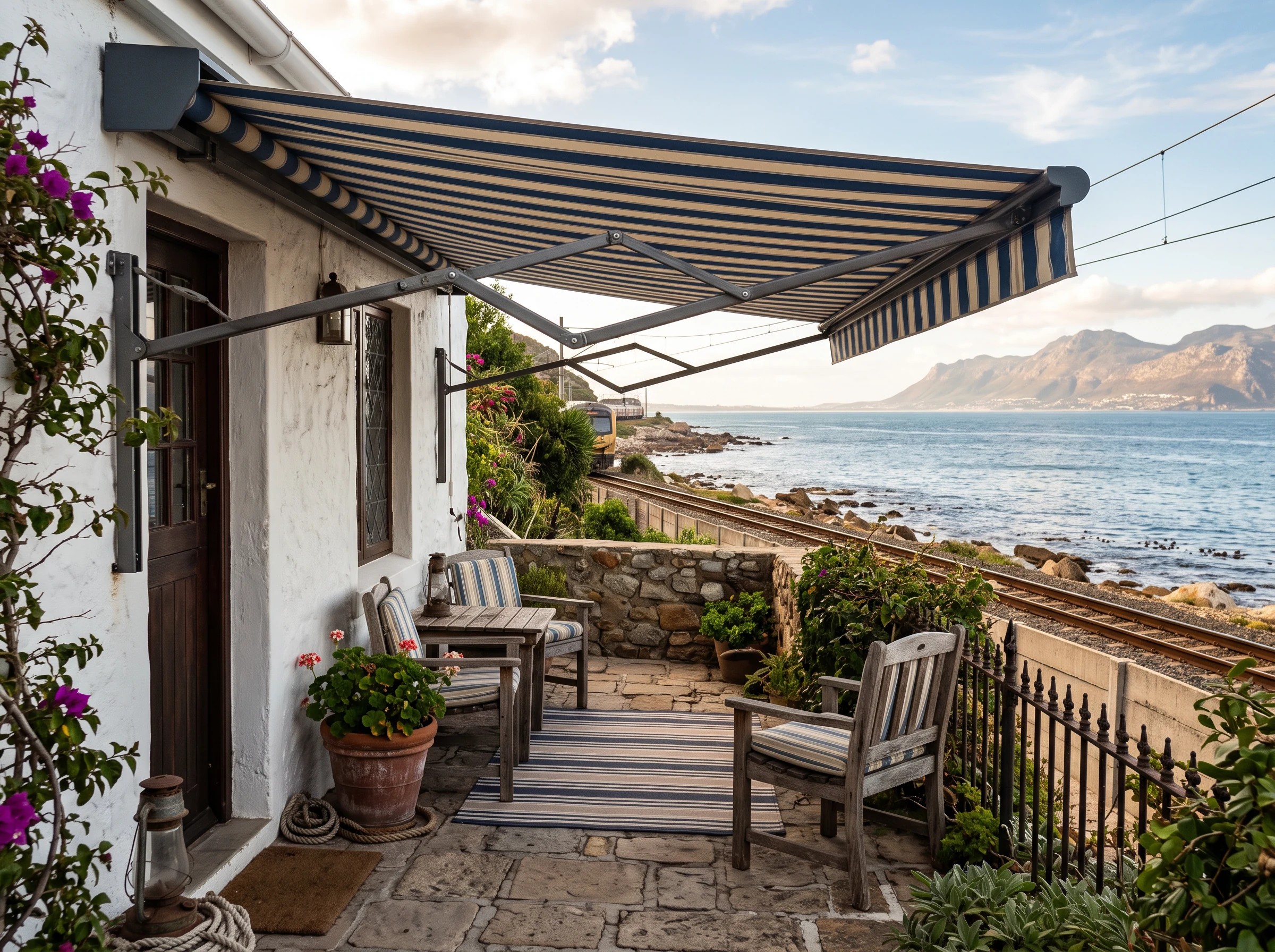 Striped folding-arm awning extended over a stoep beside the St James railway line and coastline at sunset