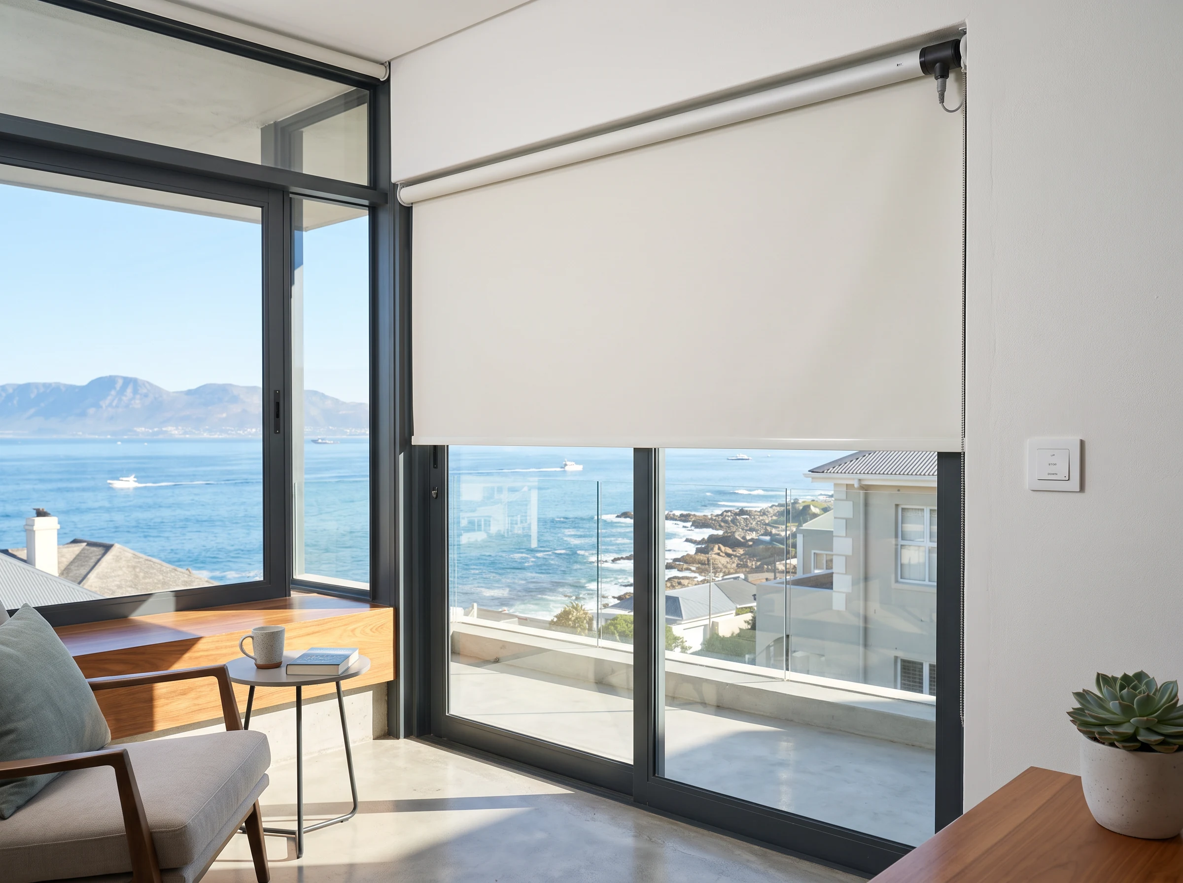 Motorised roller blind with a wall control panel on a window overlooking False Bay in a St James apartment