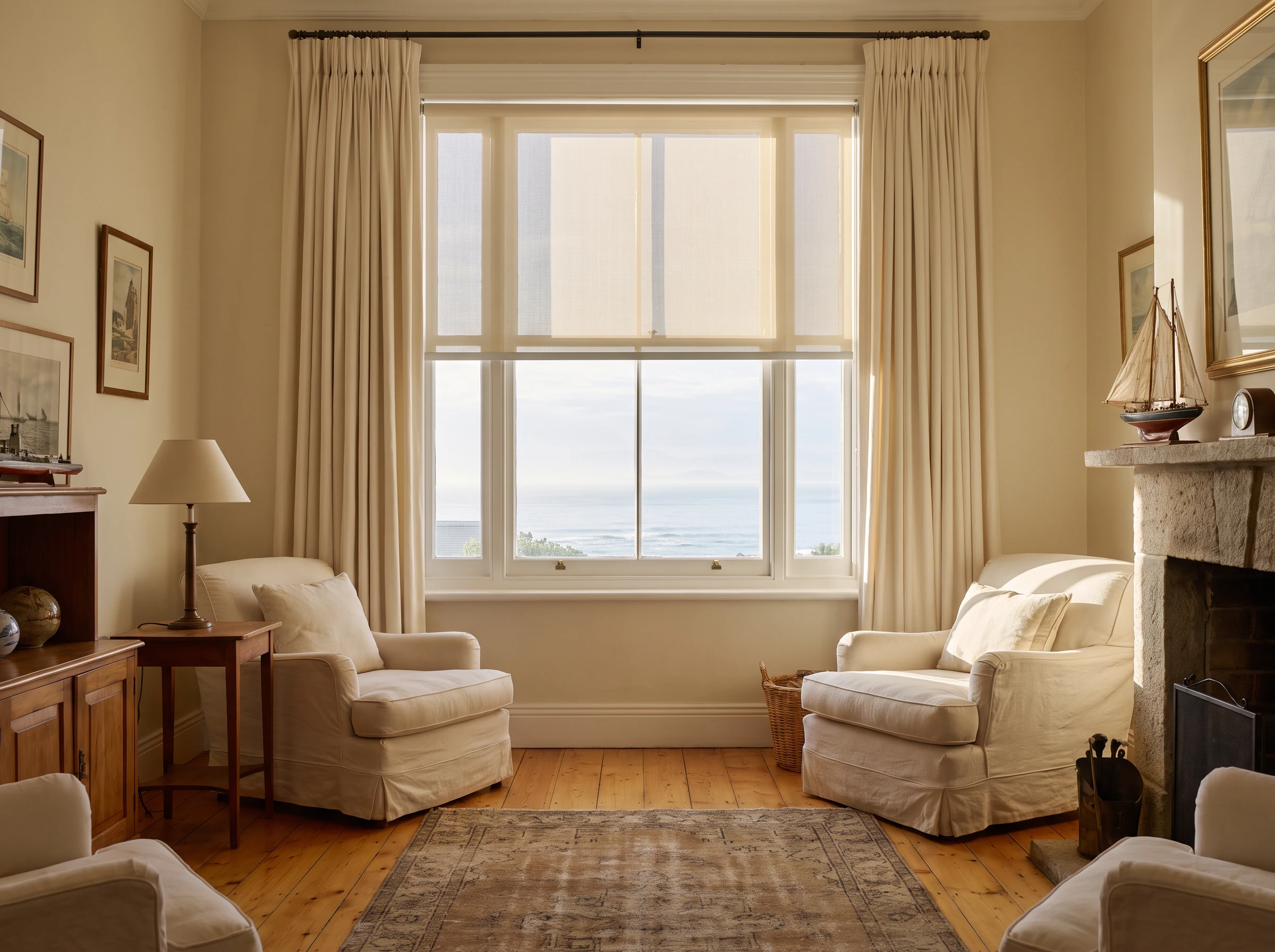 Sunscreen roller blind fabric on a living-room window in a St James cottage, with the colourful Muizenberg bathing huts and False Bay visible through the glass