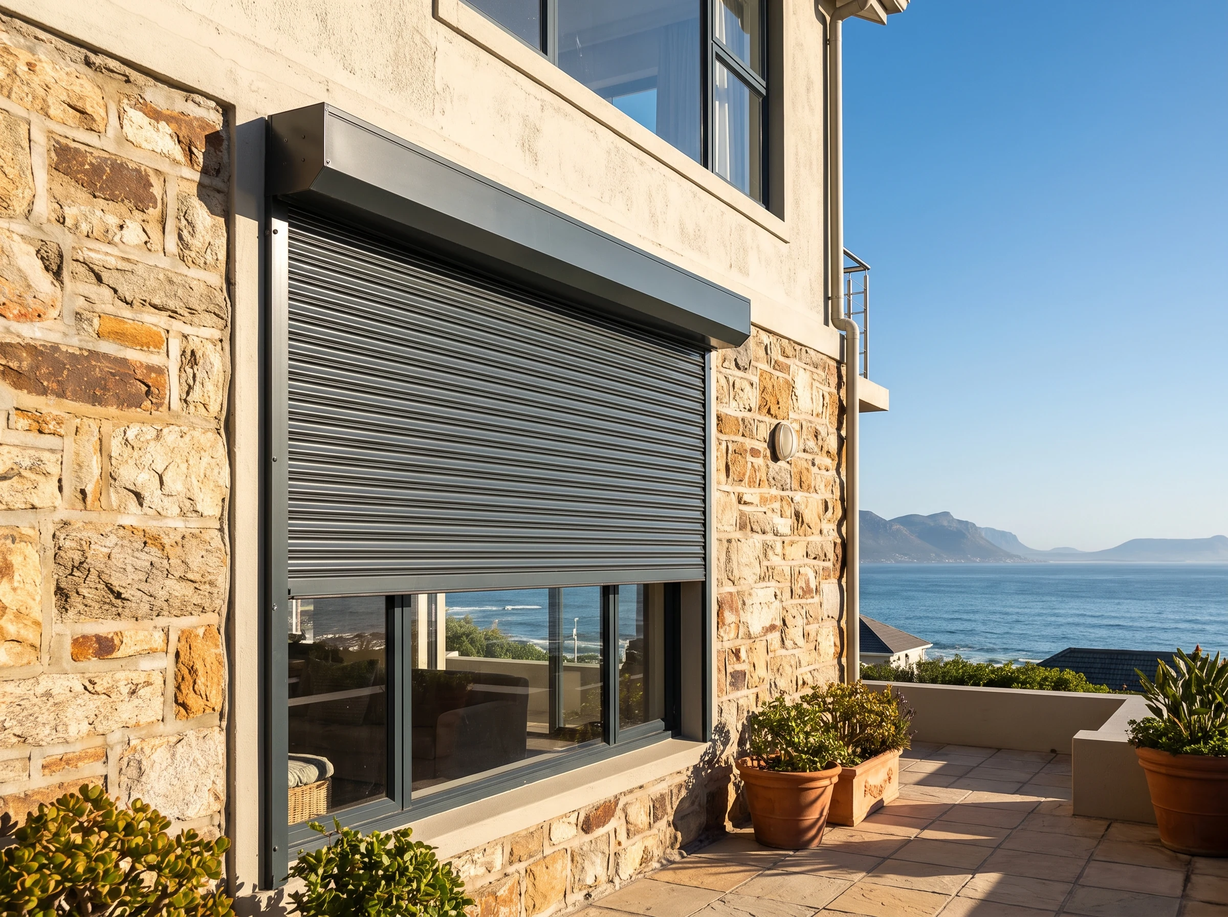 Aluminium roller shutter partly lowered on the exterior of a St James home for sun and glare control, False Bay in the background