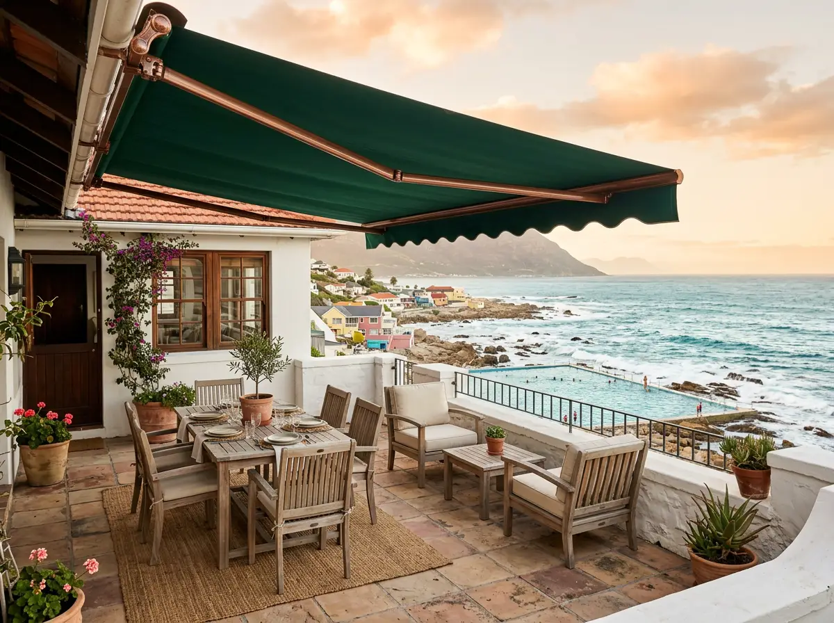 Outdoor patio with a dark green folding-arm awning extended over a dining and lounge set, overlooking the St James tidal pool, coastline and mountains at sunset