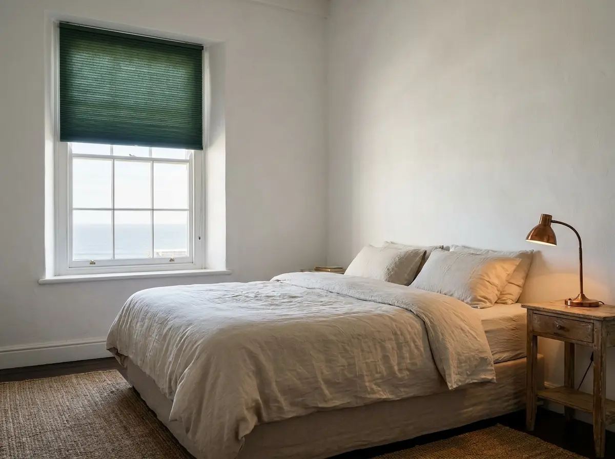 Bedroom with a deep green cellular honeycomb blind partly lowered over a sash window with an ocean view in a St James cottage