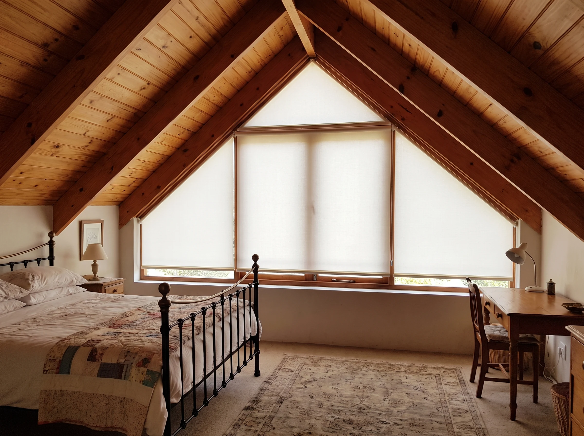 Triangular shaped pleated blind fitted to a gable attic window under a pitched roof in a St James cottage