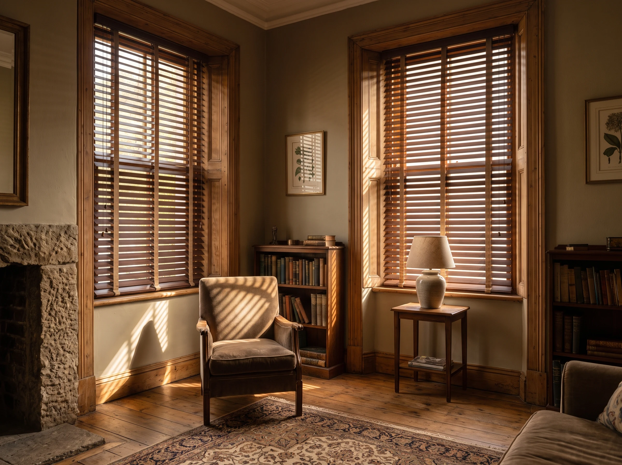 Timber venetian blind slats tilted against the afternoon sun in a St James Victorian cottage with original wood-framed sash windows