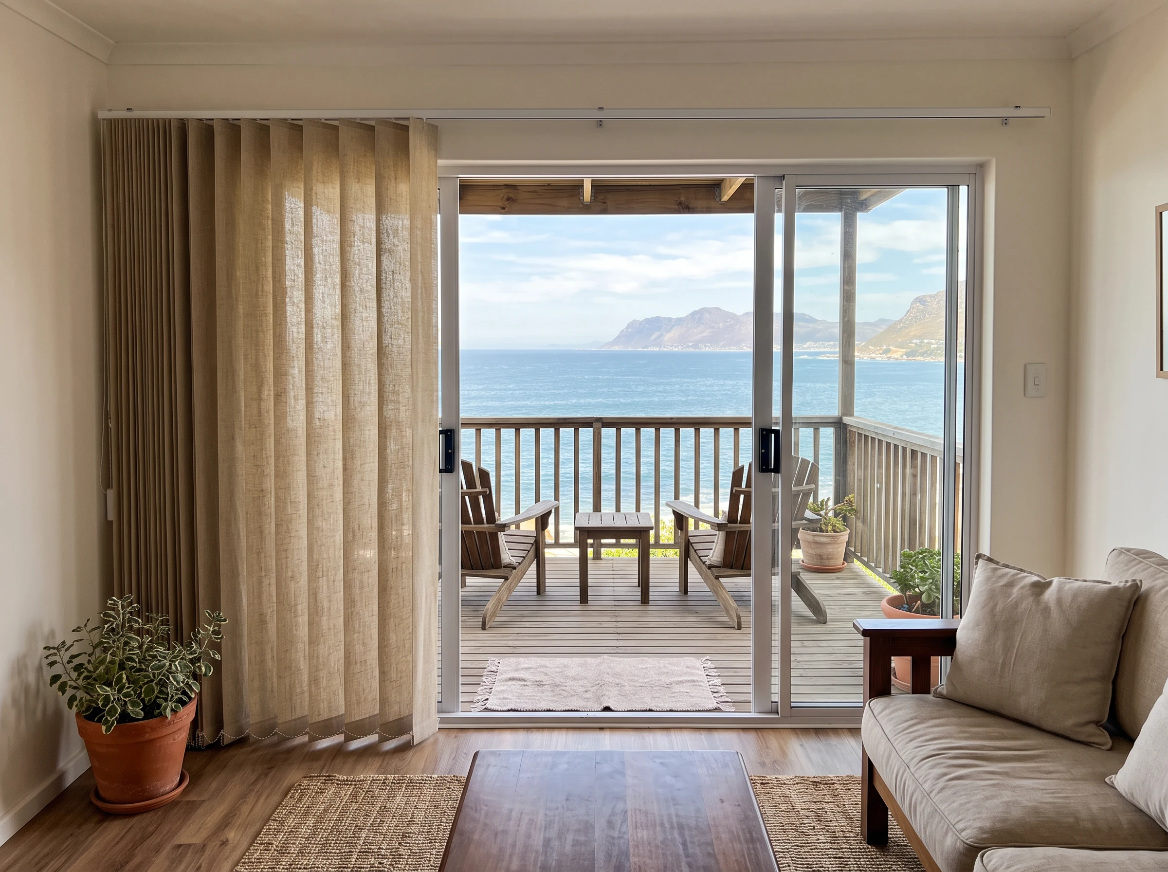 Vertical fabric blind vanes on a wide sliding door in a St James cottage, opening onto a deck with a False Bay view